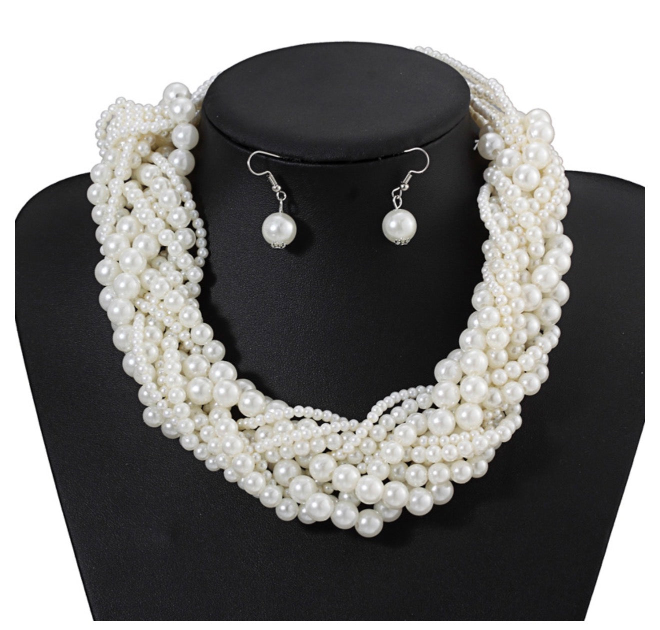 Bridal Jewelry Set with Layered Pearl Necklace & Earrings