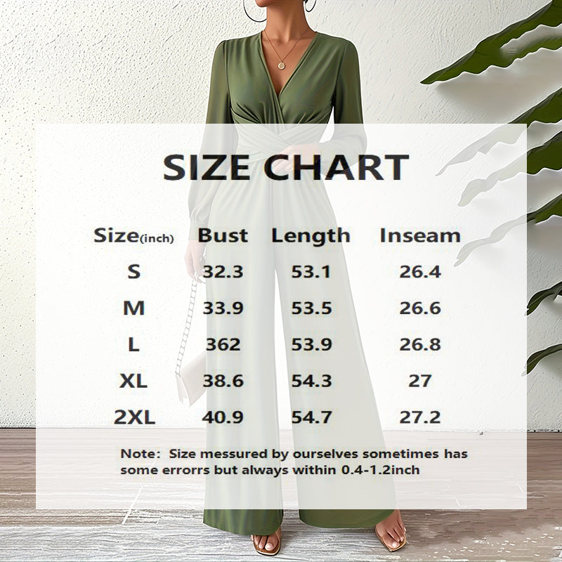 Elegant Jumpsuit With Cross V-Neck & Long Sleeve. Solid Color Belted Wide Leg Pantsuit For Office And Formal