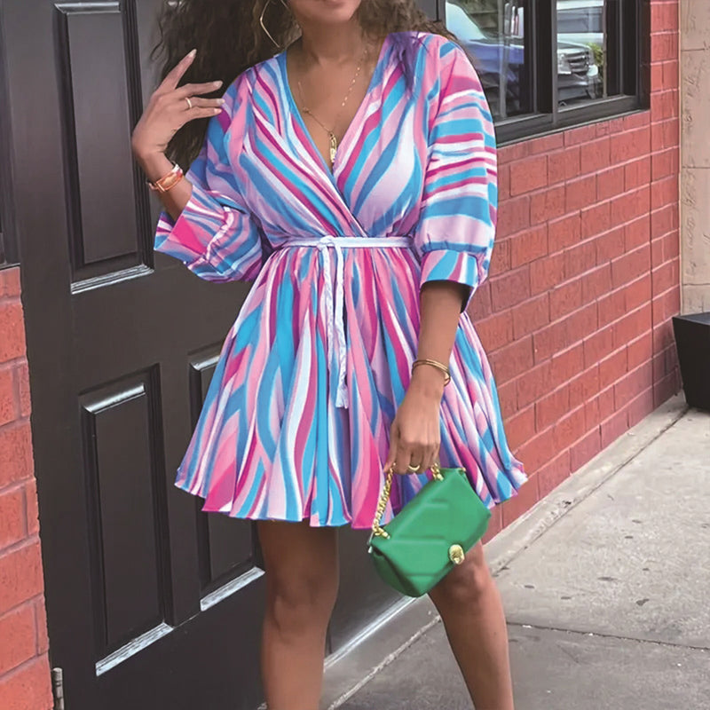 Women's V-Neck Rainbow Stripe Short Dress. Three Quarters Sleeve Casual Summer Sundress With Tie Waist