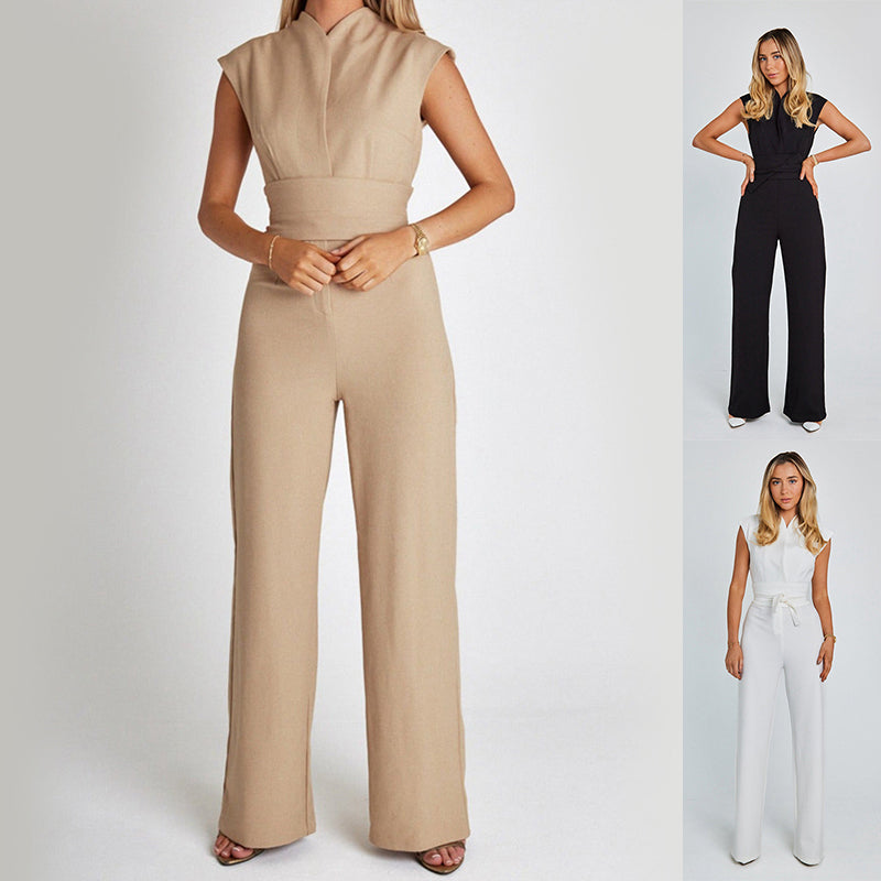 Fashion Elegant Long Sleeveless Jumpsuit. Summer V-neck Casual Wide Leg Long Overalls For Women