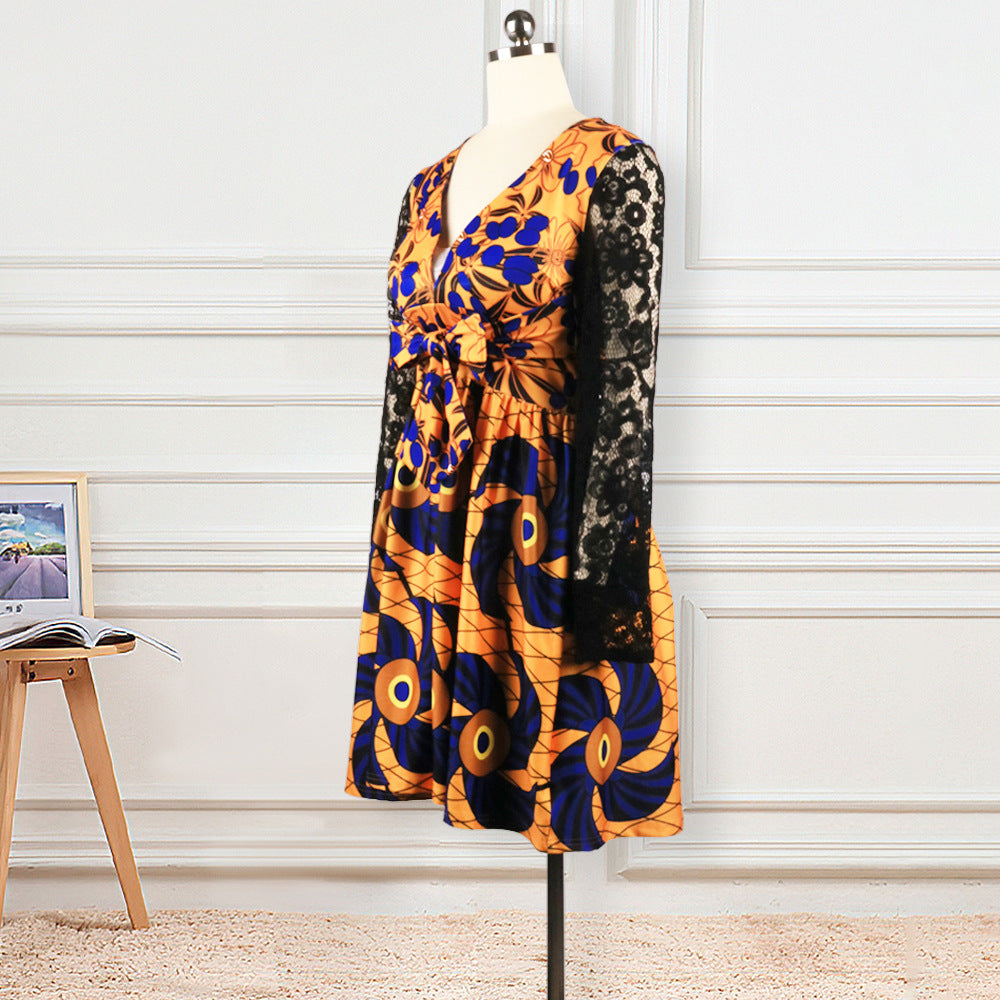 Autumn Women's Dress with Lace and Ruffle Details