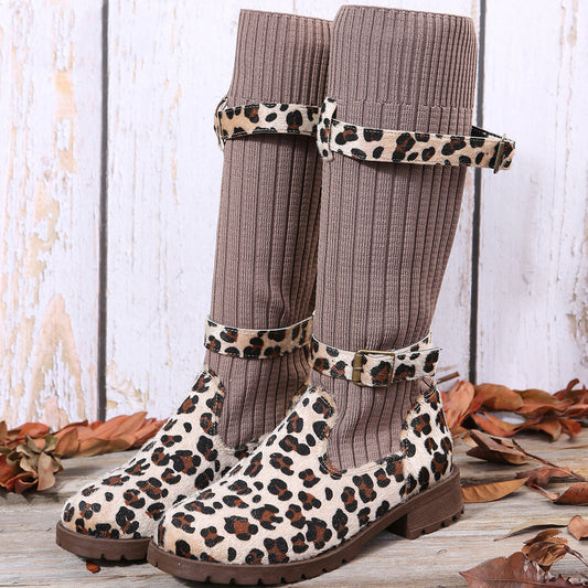 Leapard Winter Mid Calf Women Sock Boots