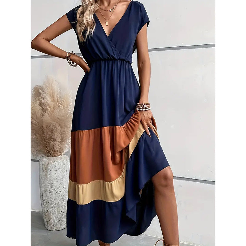 Women's Color Block Maxi Dresses V Neck Sleeveless Tiered Casual Dresses Loose Sundress