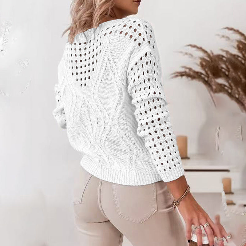 Women's Casual Long Sleeve Crew Neck Blouse. Lightweight Hollow Out Pullover Sweater Tops