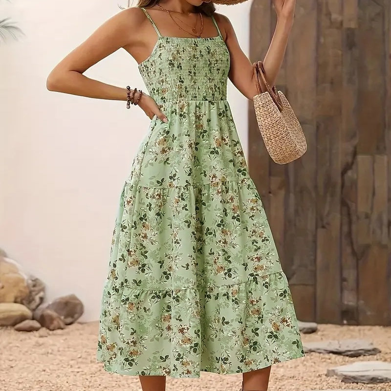 Womens Summer Floral Midi Dress. Smocked Spaghetti Strap Sleeveless Tiered Casual Flowy Dresses