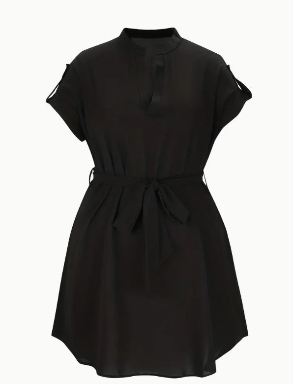V-neck Short Sleeve Dress With Belt. Summer Fashion Bowknot Dresses For Women Clothing