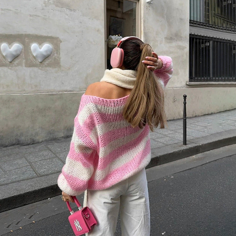 Loose Striped Pullover Sweater. Fashion Versatile Long-sleeved Knitted Tops For Women