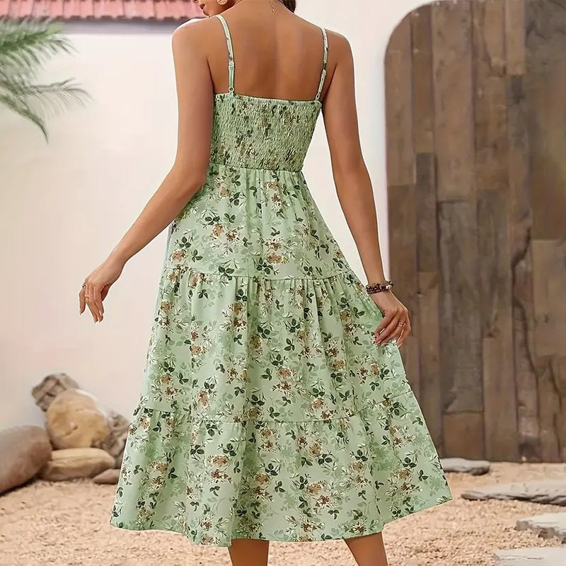 Womens Summer Floral Midi Dress. Smocked Spaghetti Strap Sleeveless Tiered Casual Flowy Dresses