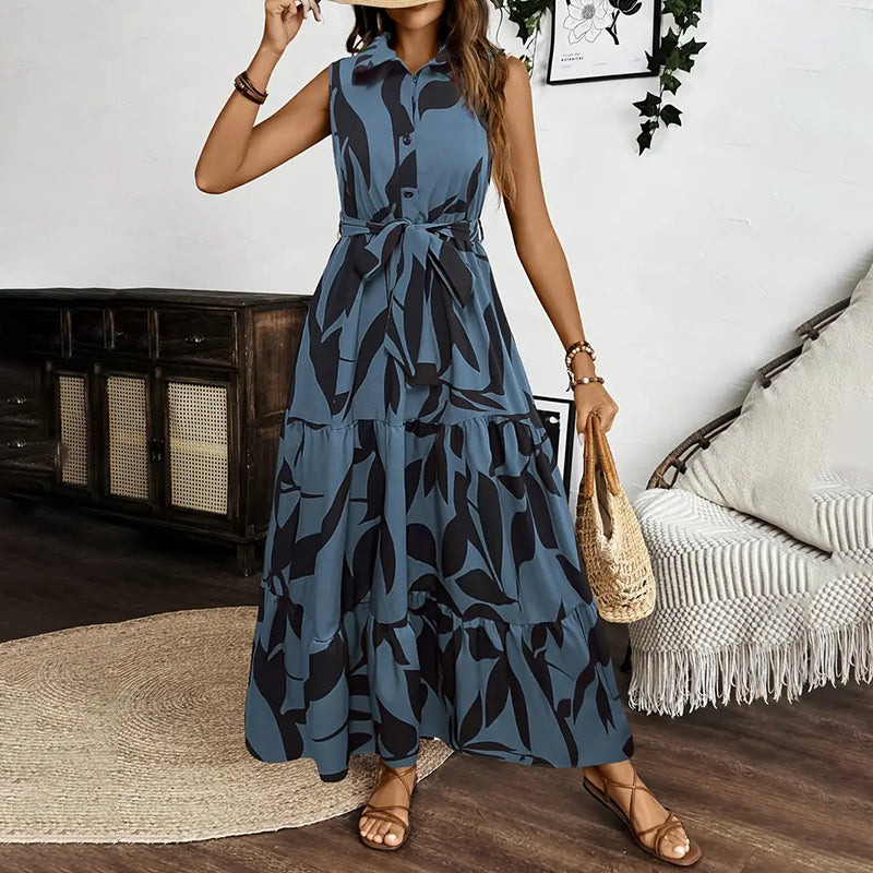 Women Sleeveless Boho Floral Maxi Dress. Summer V Neck Flowy Belted Beach Vacation Dresses