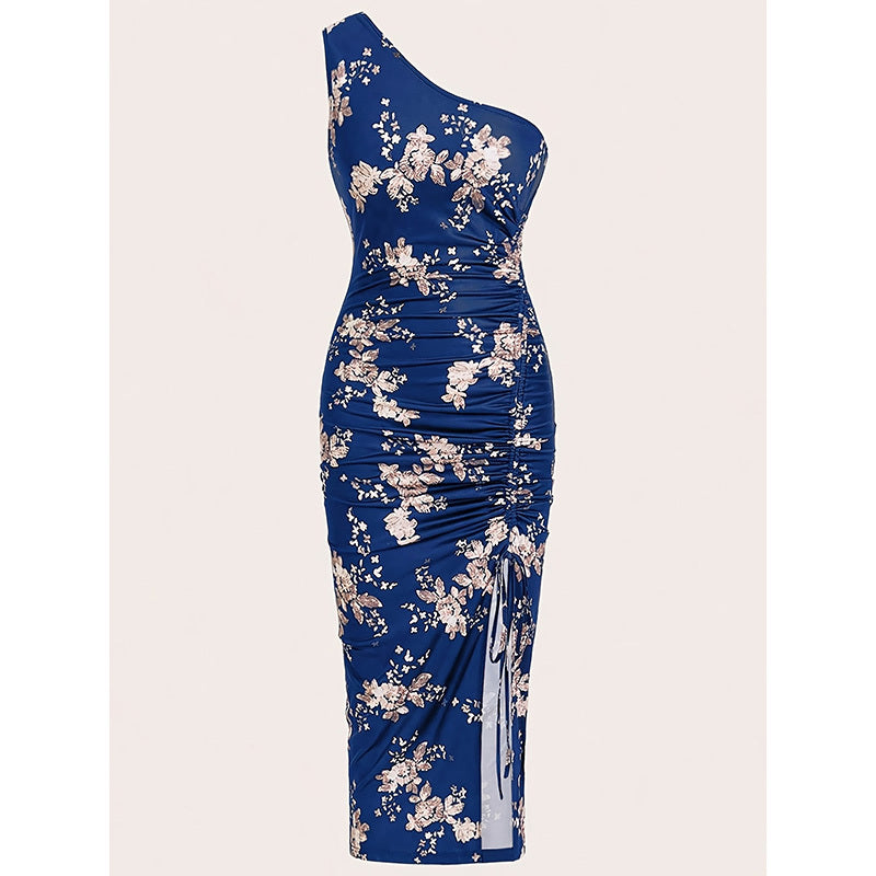 Women's One Shoulder Bodycon Dresses. Ruched High Split Floral Beach Cocktail Dresses.