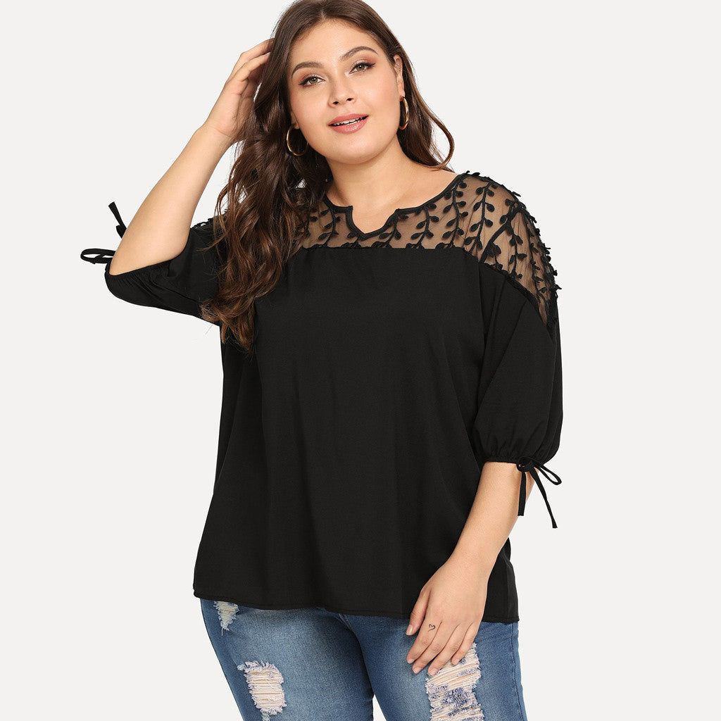 Plus Size Sheer Lace Chiffon Blouses with Ribbons