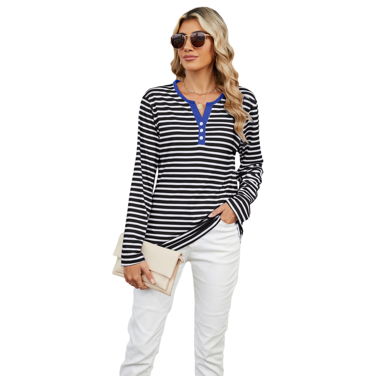 Women's V-neck Striped Loose Long-sleeved T-shirt Tops