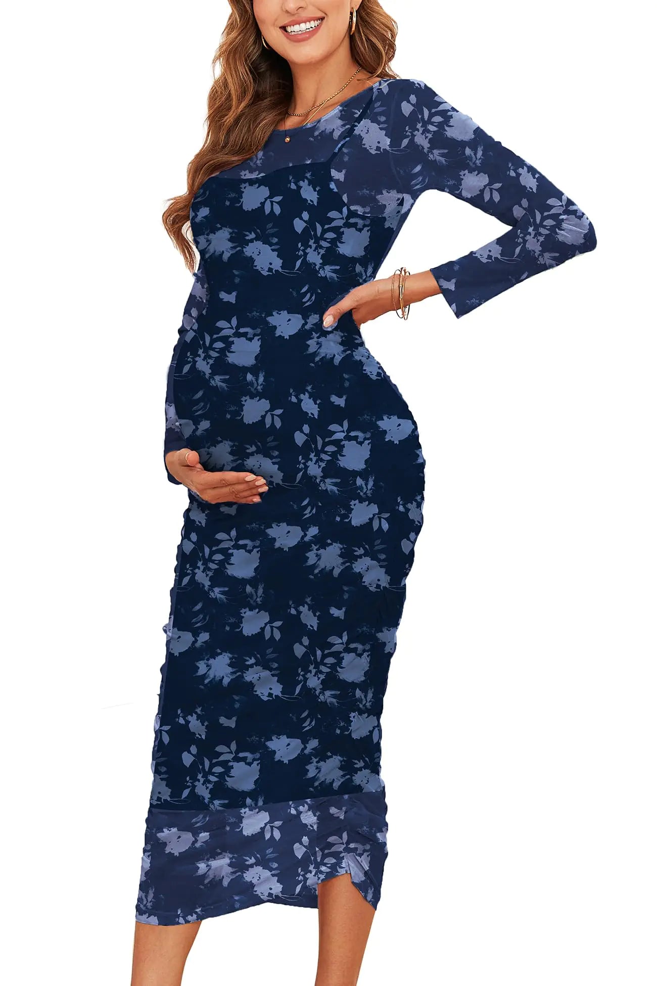 Maternity Mesh Women Dress. Ruched Side Round Neck Pregnancy Dress, Baby Shower Cocktail Floral Party Dress