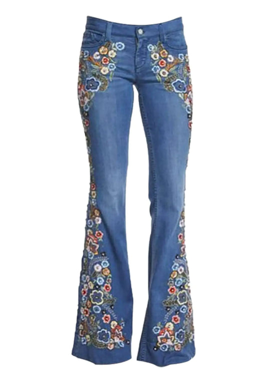 Womens Bell Bottom Jeans. Slim Floral Embroidered Pants, Casual High Waist Stretch Wide Leg Denim