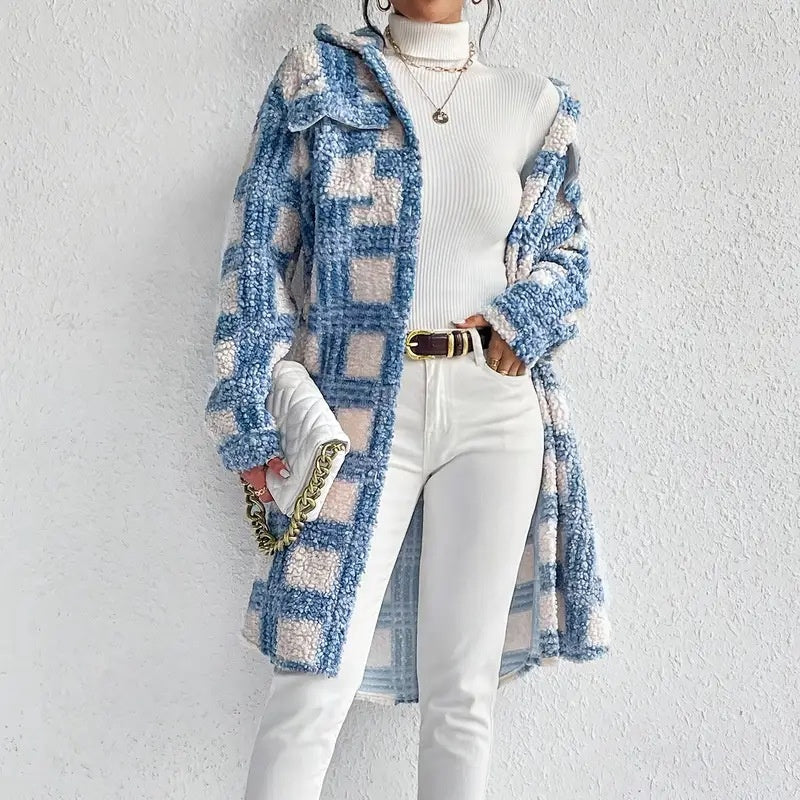 Women's Lightweight Plaid Jacket, Button Down Fleece Sweater, Long Sleeve Fall Outerwear Coat