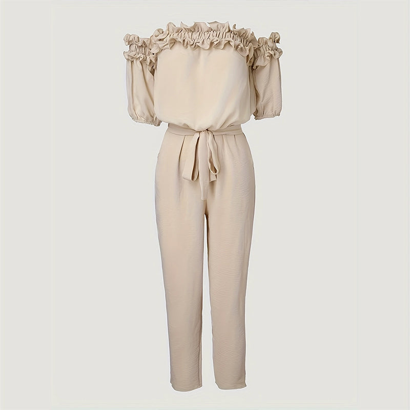 Women's Solid Color Elegant Off-Shoulder Jumpsuit. Ruffle Sleeves & Tie-Waist Summer Casual Romper