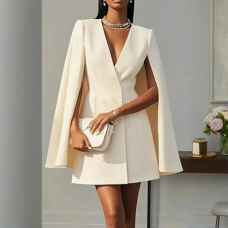 Women's Elegant Solid Color V Neck Cape Blazer Dresses. Spring & Summer Party Banquet Outfit