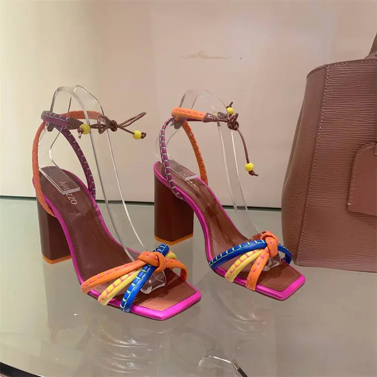 Plus Size Women's Heels with Colorful Straps and Block Heels