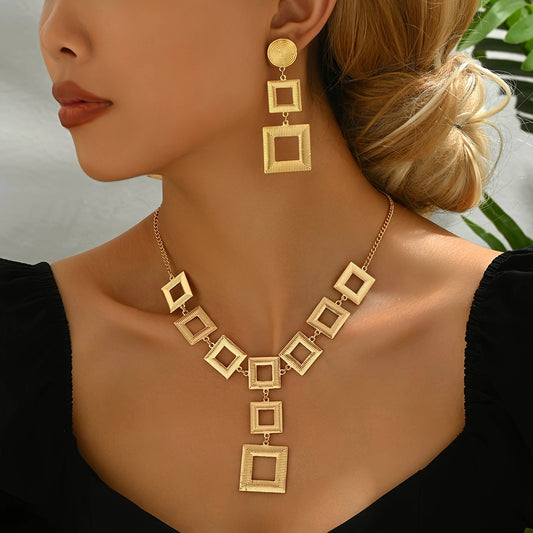 Lxalry 14K Gold Geometric Jewelry Set.  Electroplated Necklace and Earrings