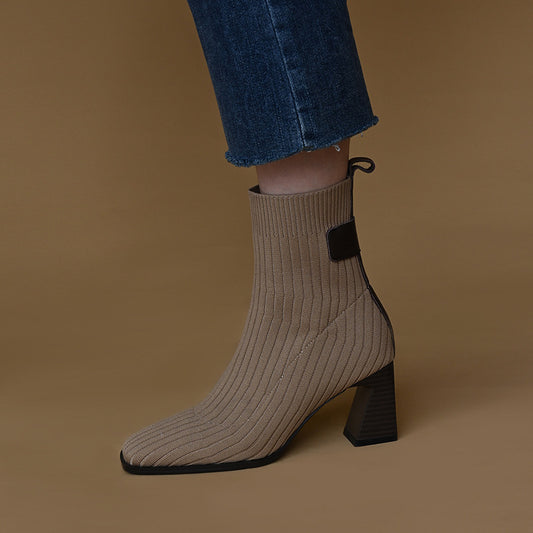 Women's Knitted Square Toe Block Heel Stretch Boots
