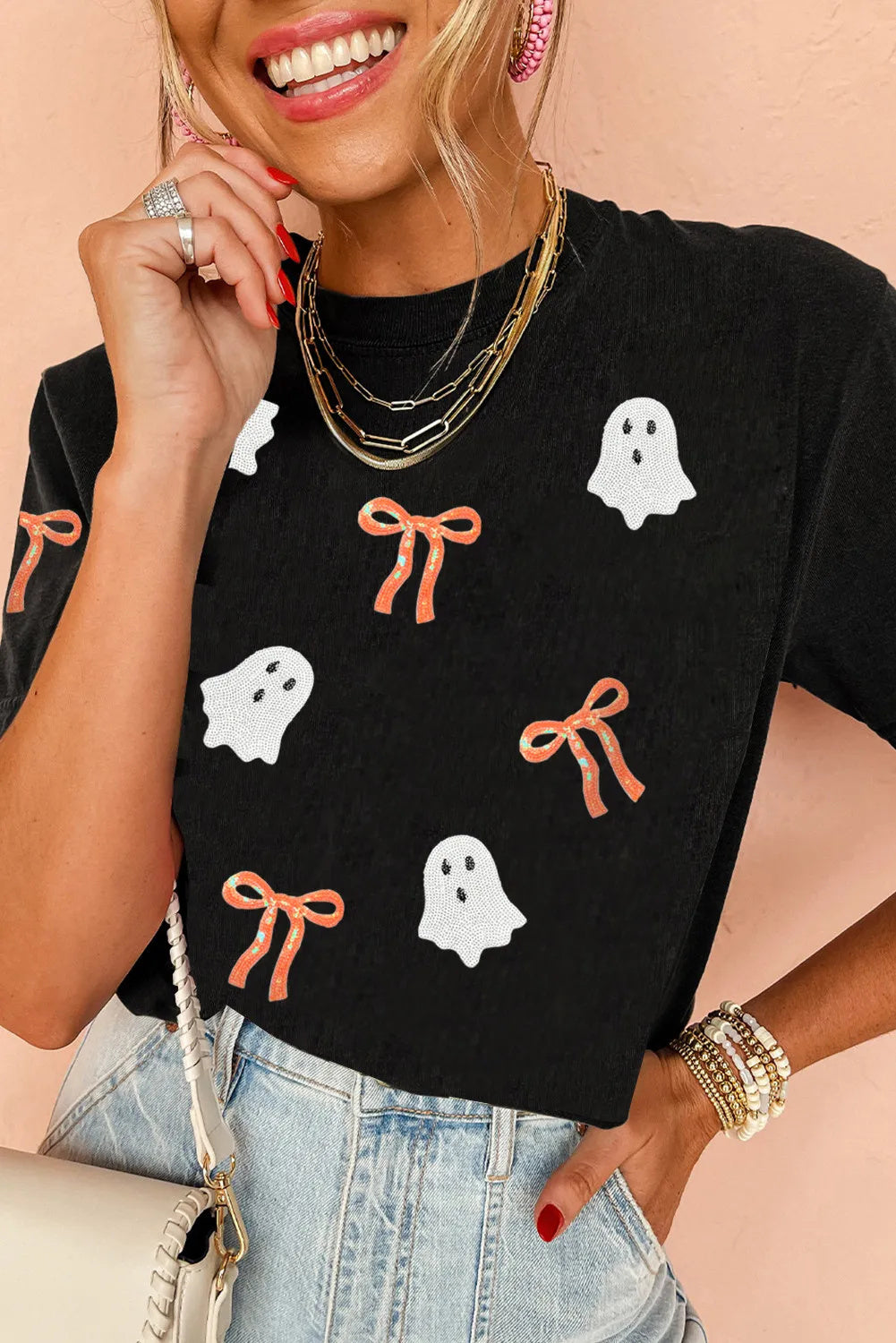 Black Sequin Bow Ghost Patched Halloween Graphic Top