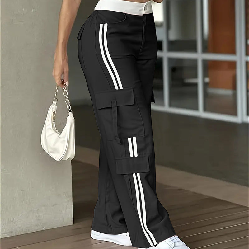 Women's Striped Straight Leg Pants. Button Zip With Pocket, Casual Trousers For Spring And Fall