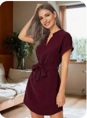 V-neck Short Sleeve Dress With Belt. Summer Fashion Bowknot Dresses For Women Clothing