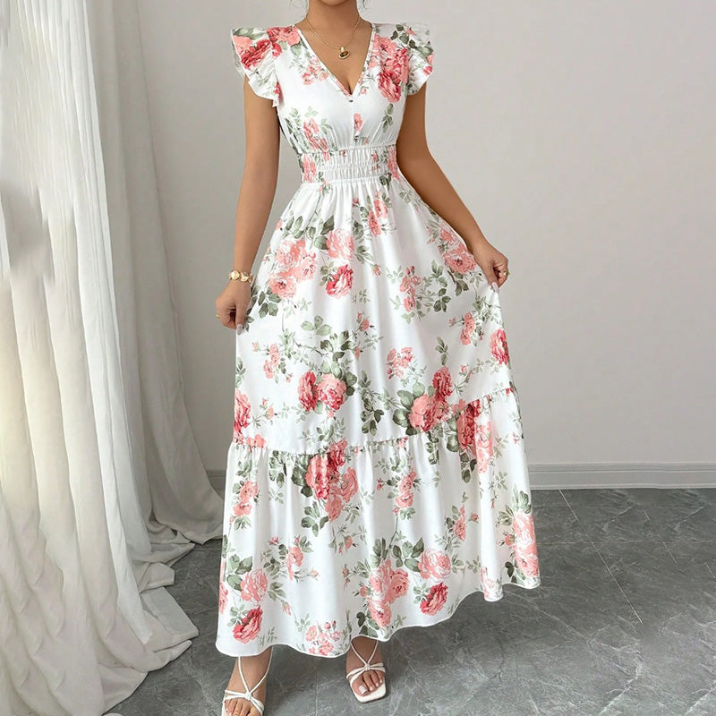Womens Casual Summer Maxi Dress. Flutter Short Sleeve V Neck Smocked dress, A Line Flowy Beach Vacation Long Dresses