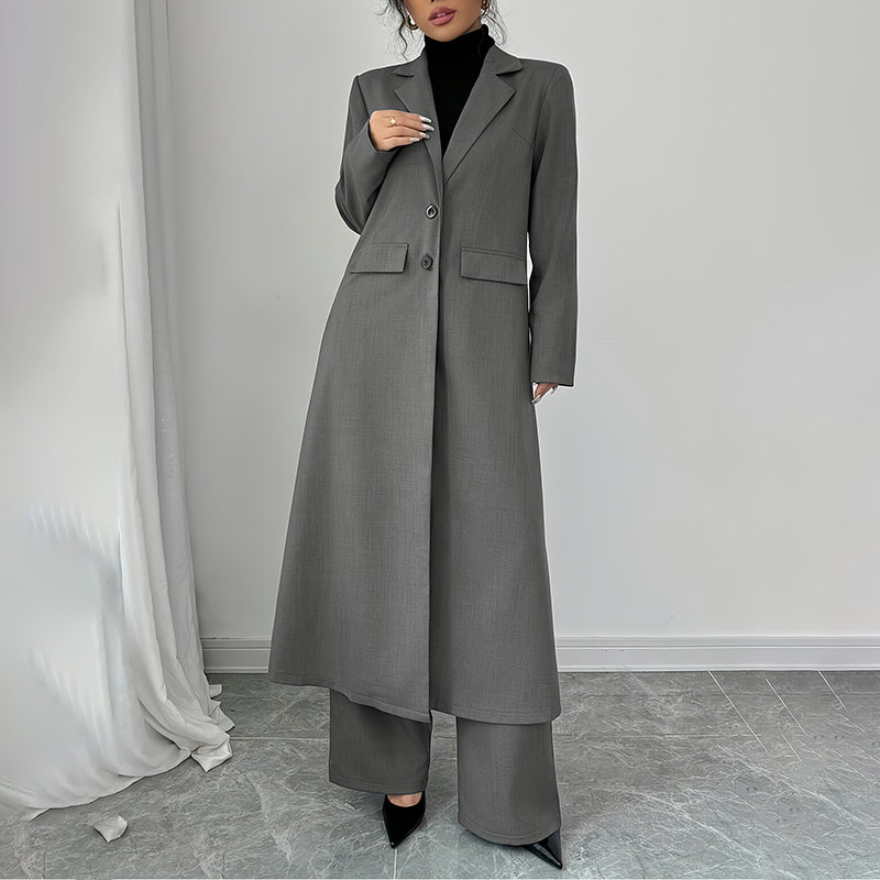 Women's 2 Piece Suit Set. Long Blazer Jacket And Straight Leg Pants, Business Formal Office Outfits For Work, NO Lining