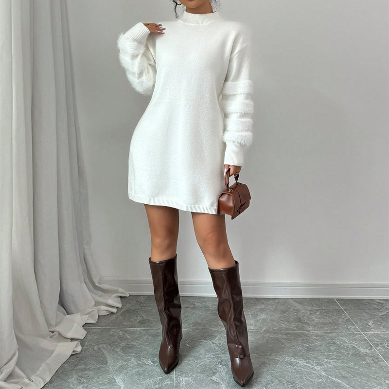 Women's Plush Long Sleeve Mini Dress, Solid Color A-Line Fitted Dress, With Faux Fur Trim For Winter Parties