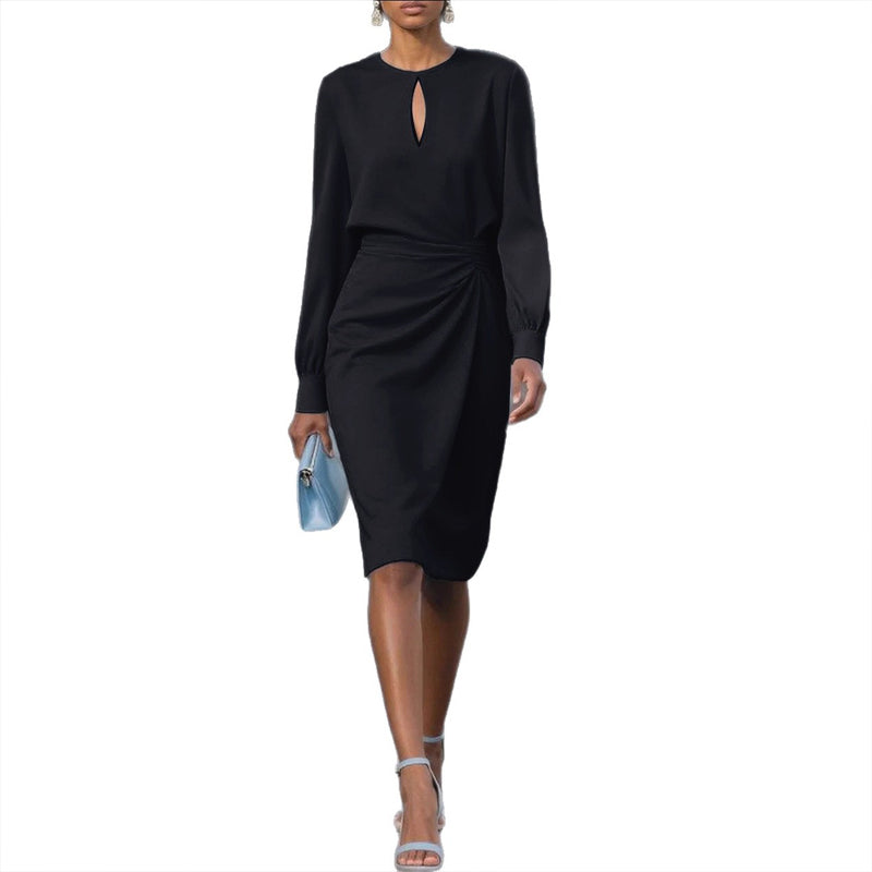 Women's Solid Color Ruffle Sleeve Bodycon Dress, Round Neck Slit Midi Dress For Spring And Summer
