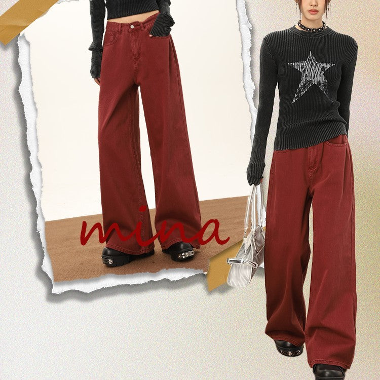 Wine Red Wide Leg Jeans For Women In Autumn And Winter