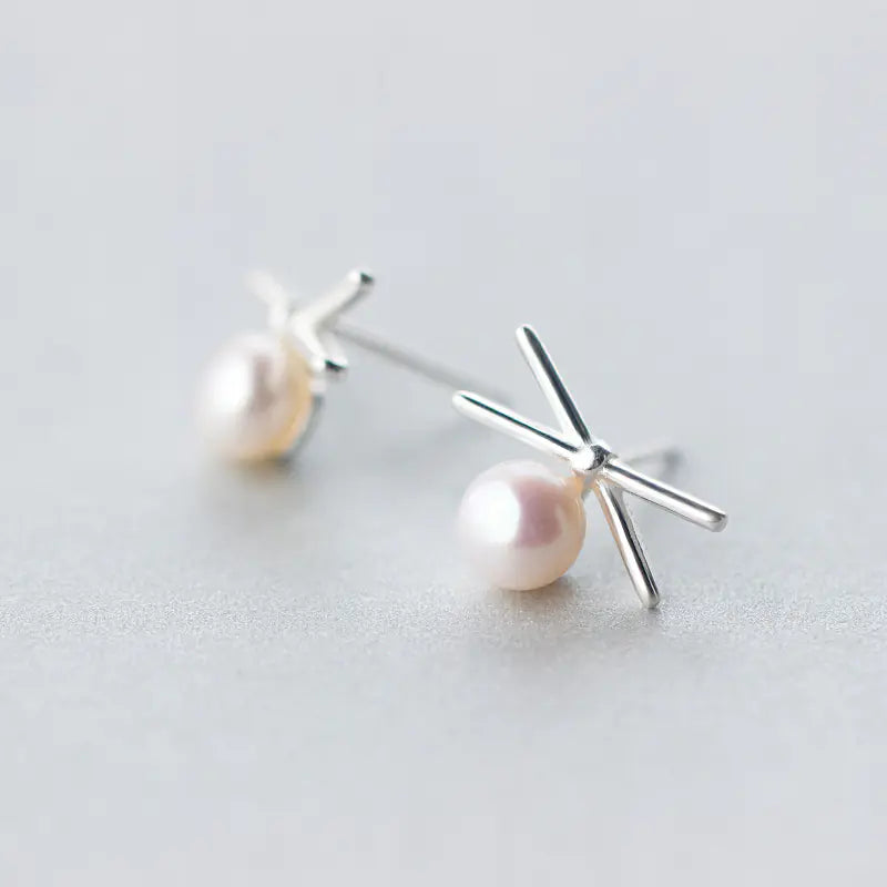 S925 Silver Pearl Cross Line Earrings for Women