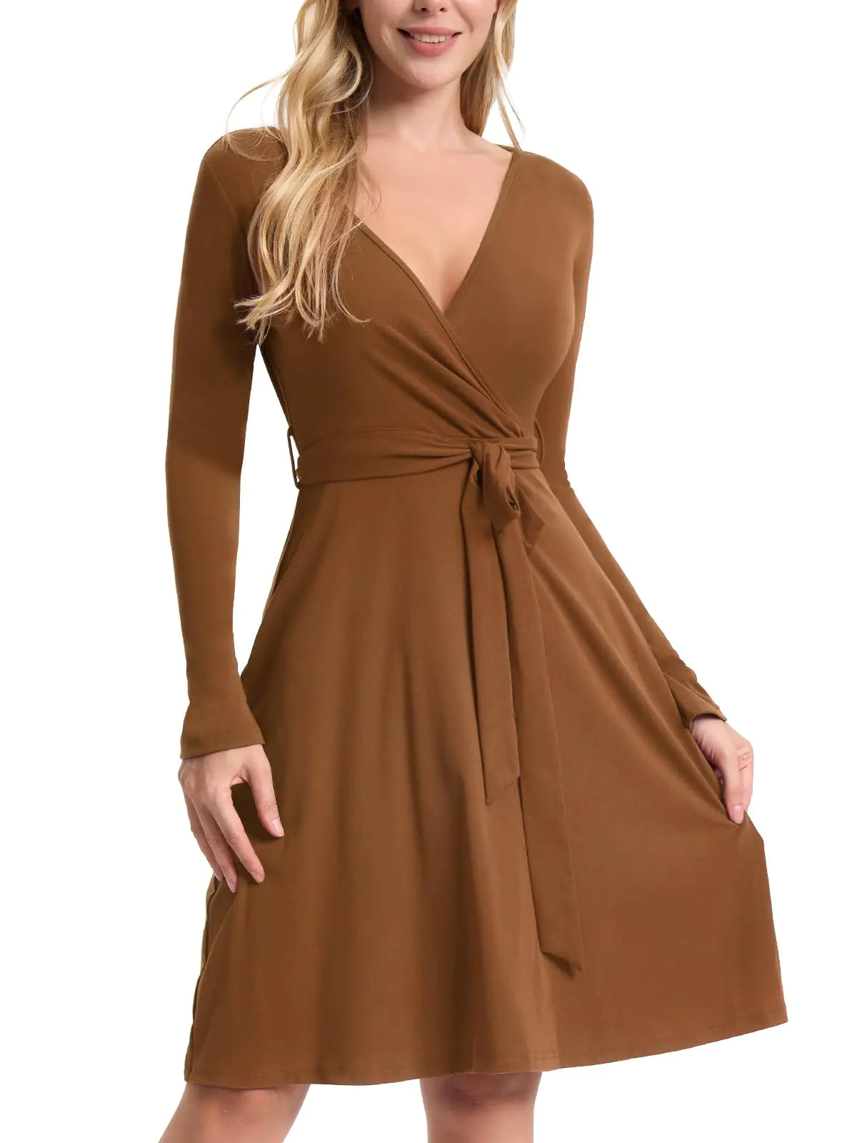 Womens Fall Long Sleeve Dress: Wrap V Neck Midi Dresses - Casual Party Rib Dresses with Belt Camel