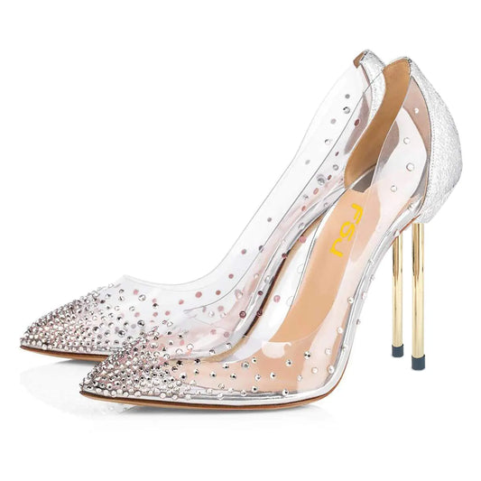 Women Studded Pointed Toe Transparent High Heels. Pumps Shoes with Rhinestones