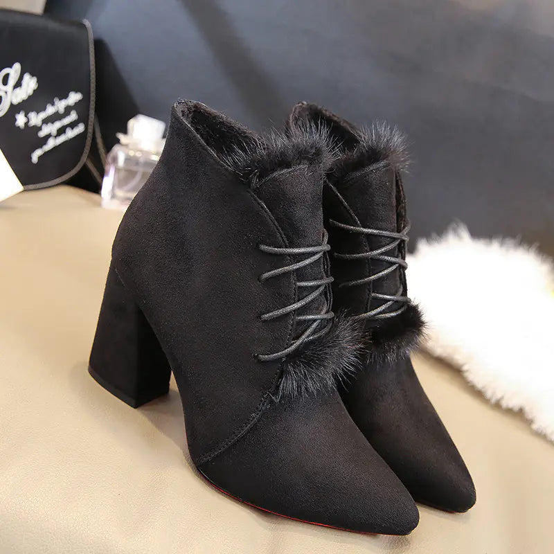 Women's Suede Low-Cut Pointed Toe Block Heels