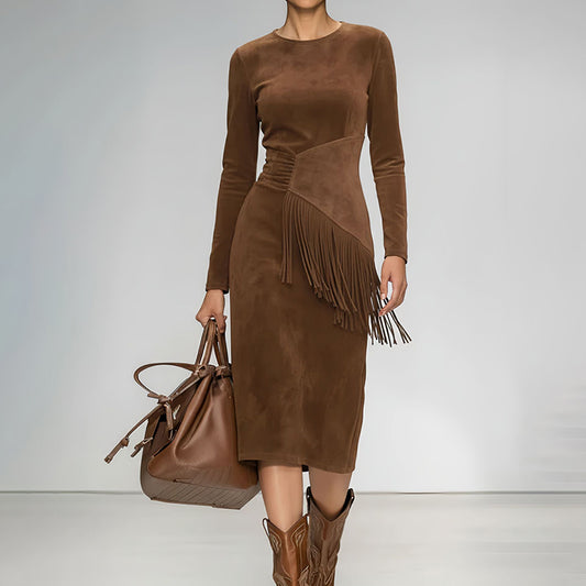 Women's Vintage Western Suede-Look Maxi Dress, Boho Fringe & Waist Ruffle Detail Bodycon Gown