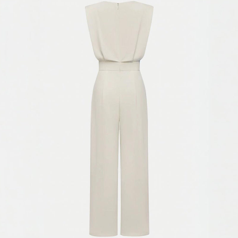 Women's Solid Color Round Neck Jumpsuits. Short Sleeve Wide-Leg, Waist Design & Pockets Casual Romper For Spring & Summer