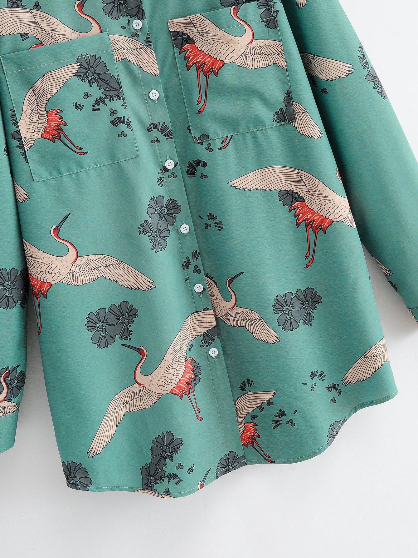 European and American Crane Print Casual Loose Pocket Shirt