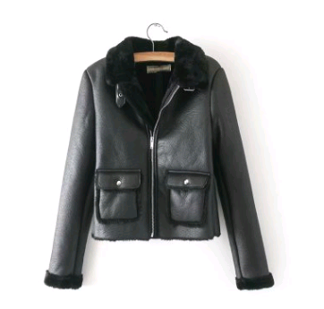 Women's Short Leather Jacket, Thick Plush PU Coat