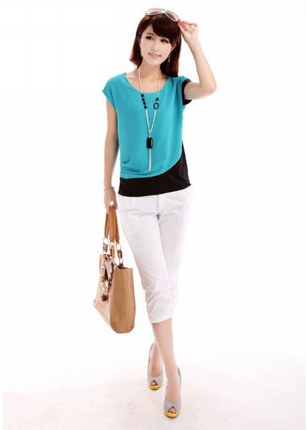 Round neck colorblock summer chiffon top short sleeve chiffon shirt