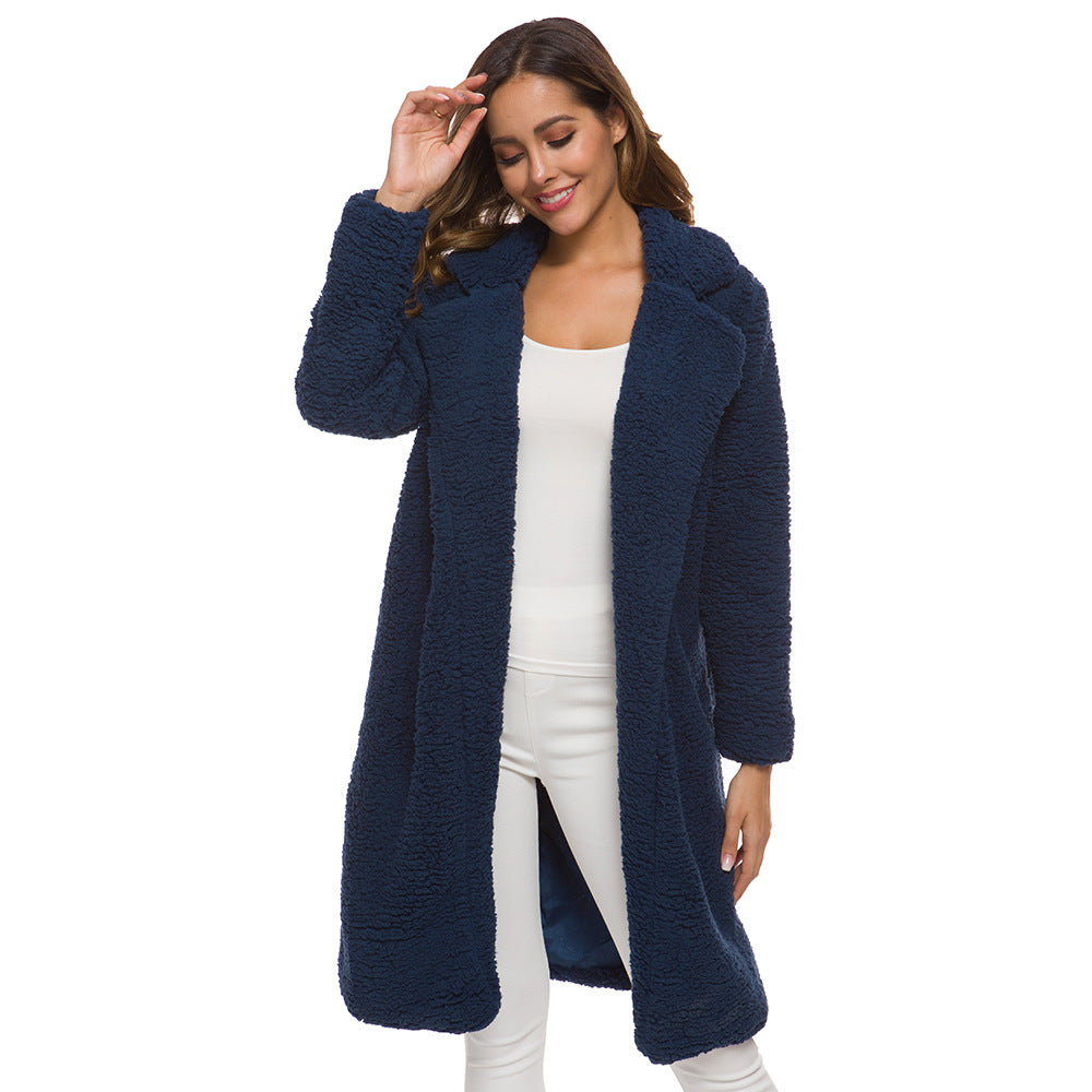Women's Long Lamb Fleece Coat with Lapel Cardigan