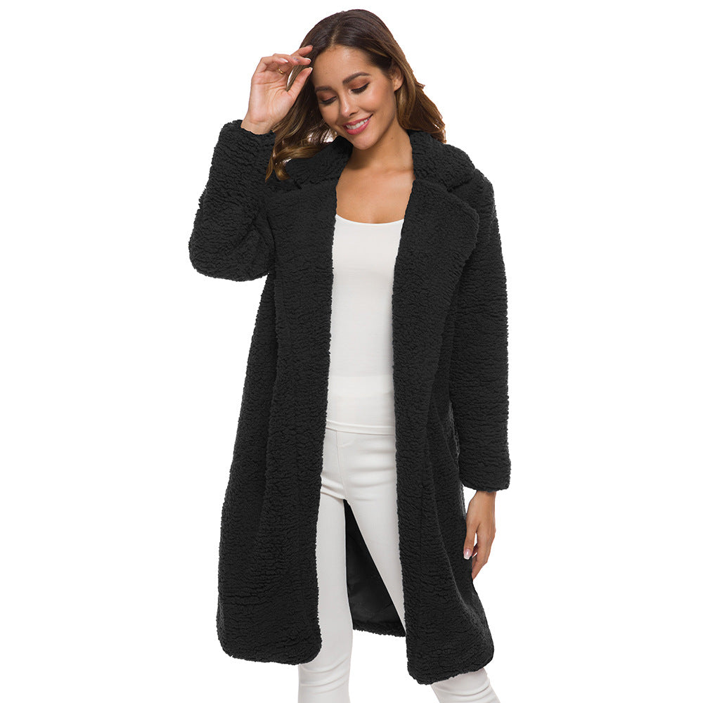 Women's Long Lamb Fleece Coat with Lapel Cardigan