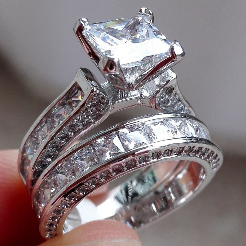 New Style Charm Couple Rings. Silver Color, Princess Cut CZ Anniversary Promise Wedding Engagement Ring Sets