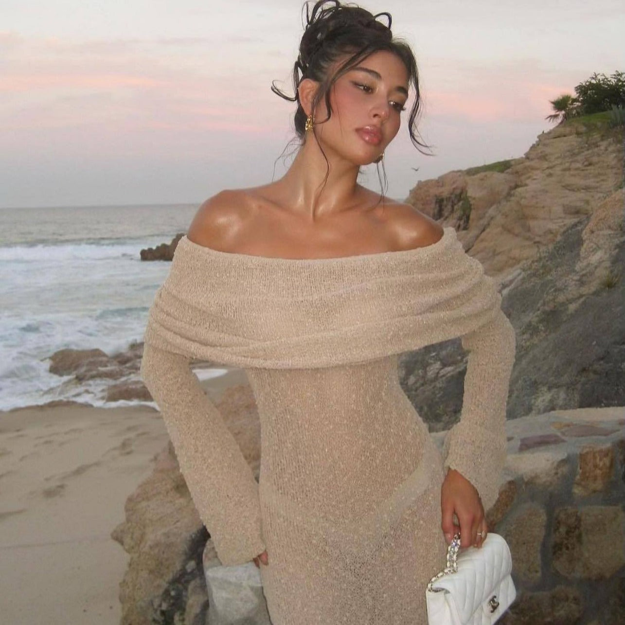 One-shoulder Knitted Long-sleeved Dress. Sexy Beach Holiday Long Dresses Womens Clothing