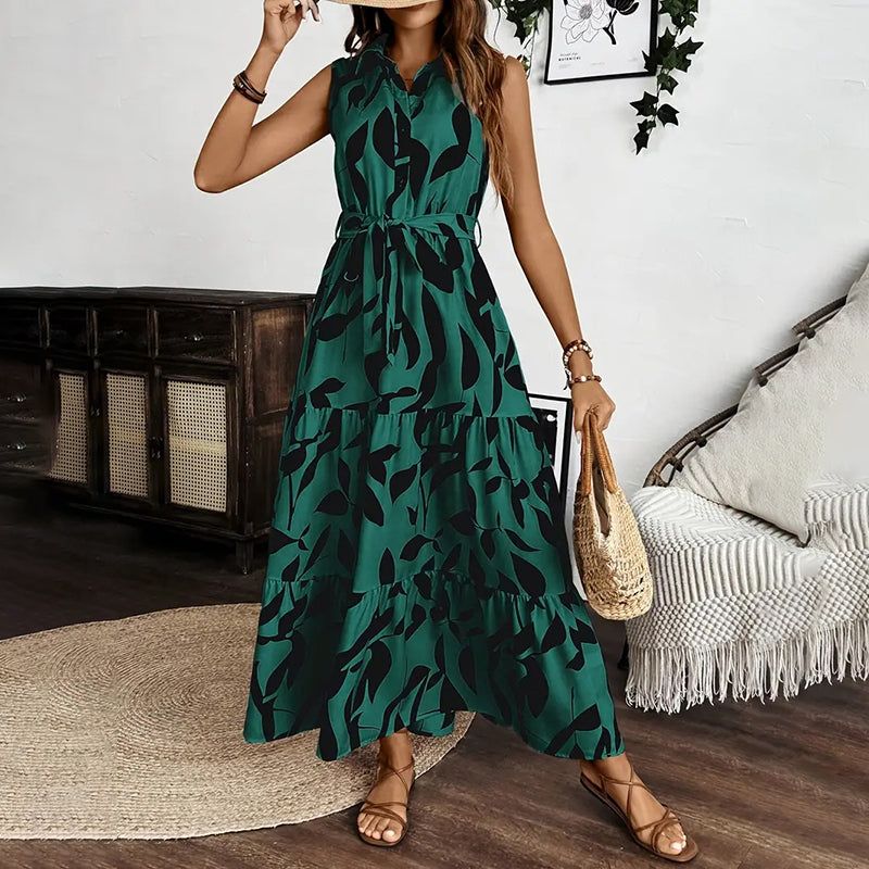 Women Sleeveless Boho Floral Maxi Dress. Summer V Neck Flowy Belted Beach Vacation Dresses