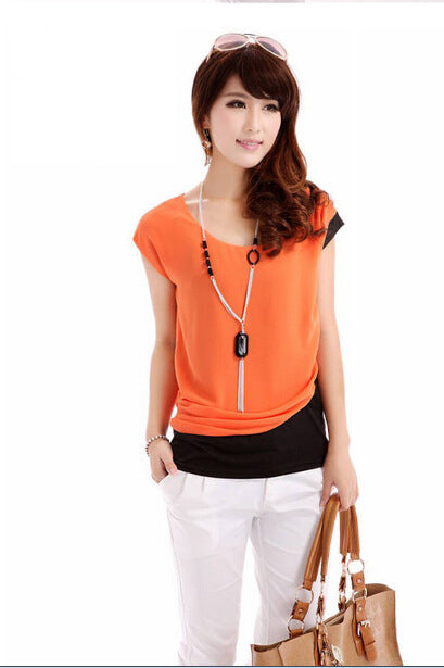 Round neck colorblock summer chiffon top short sleeve chiffon shirt