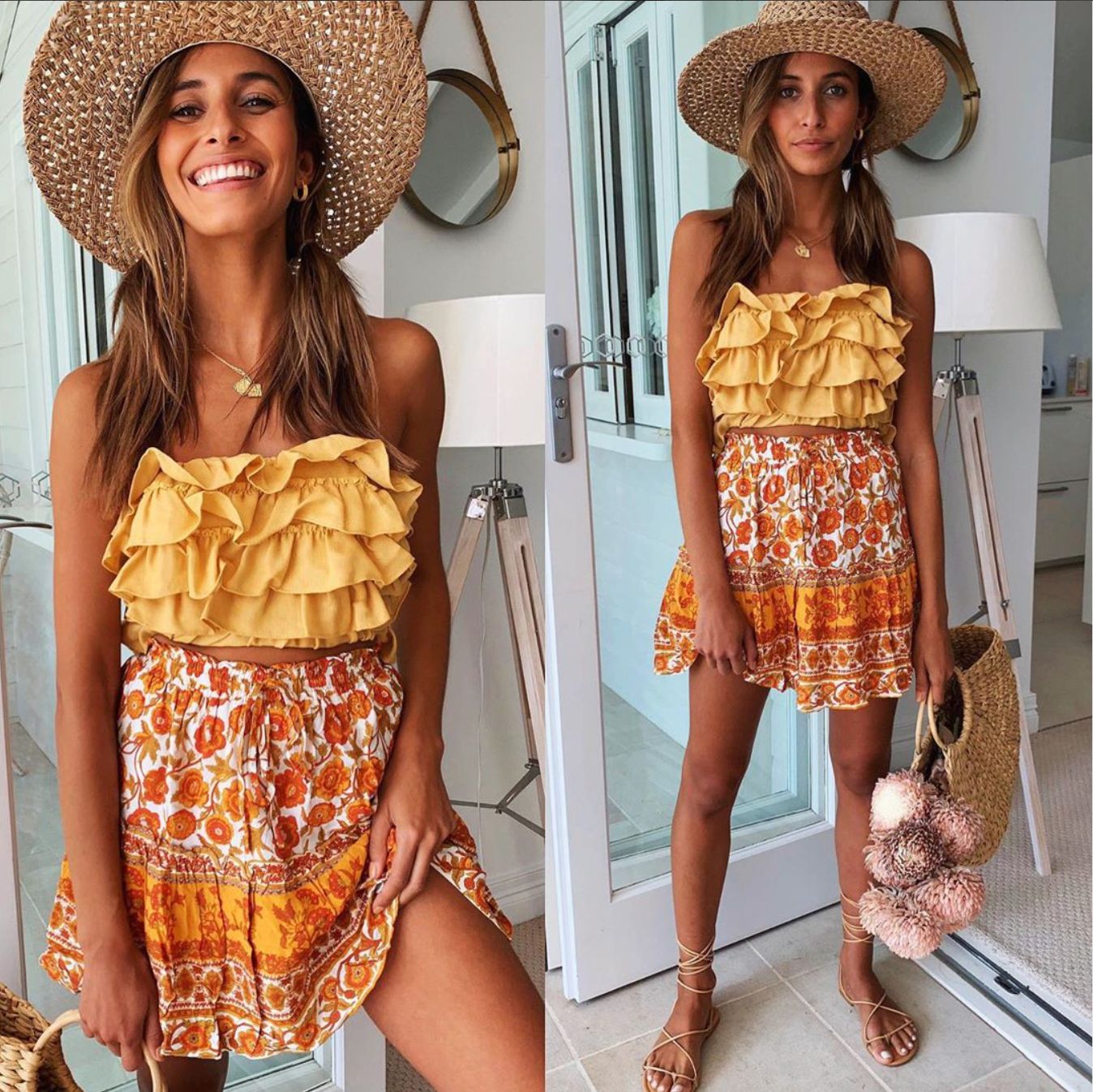 Floral Ruffled Hem Short Skirt with Patchwork Design