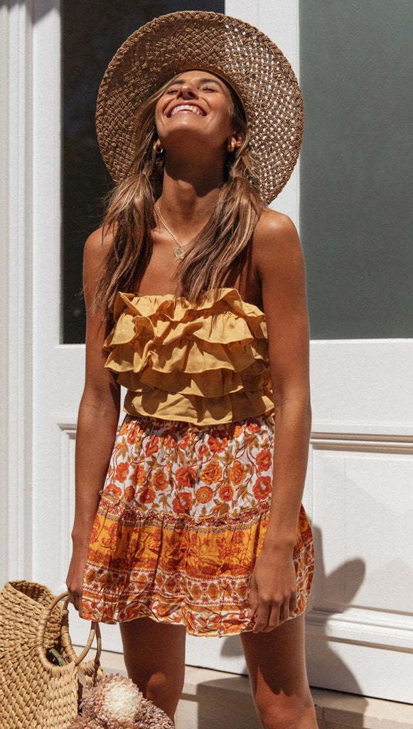 Floral Ruffled Hem Short Skirt with Patchwork Design