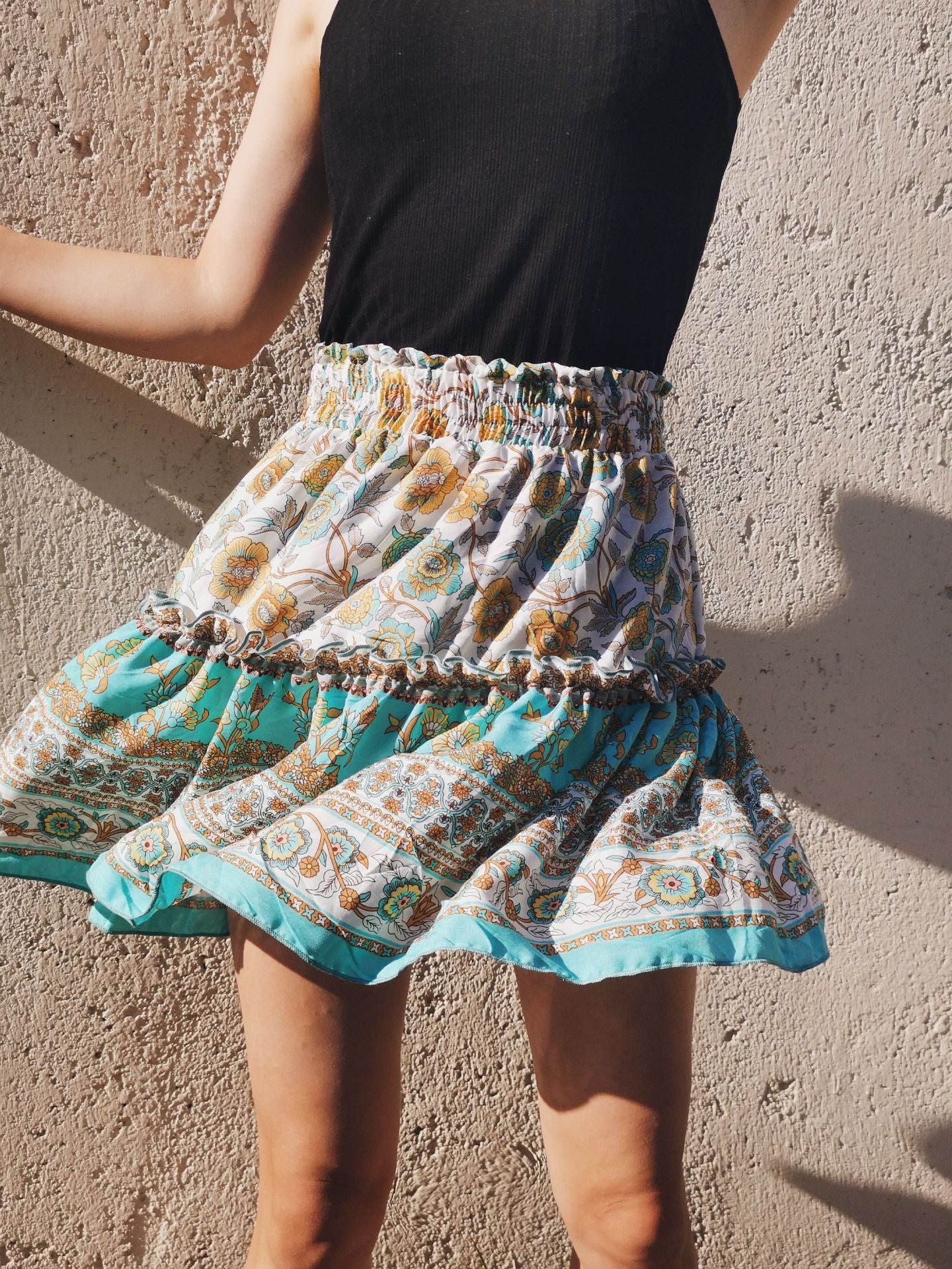 Floral Ruffled Hem Short Skirt with Patchwork Design